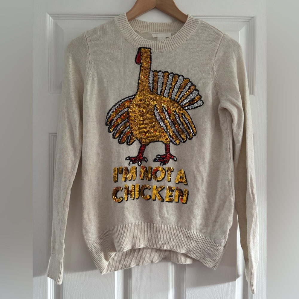 H&M Cream Sweater with Sequin Turkey Design